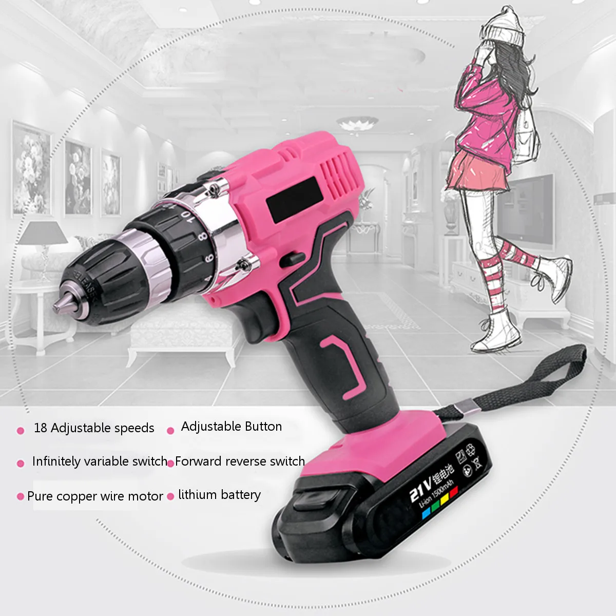 

12V/21V Electric Screwdriver with Lithium Battery Cordless Drill 18+1 Settings Power Tools for Woodworking Torque
