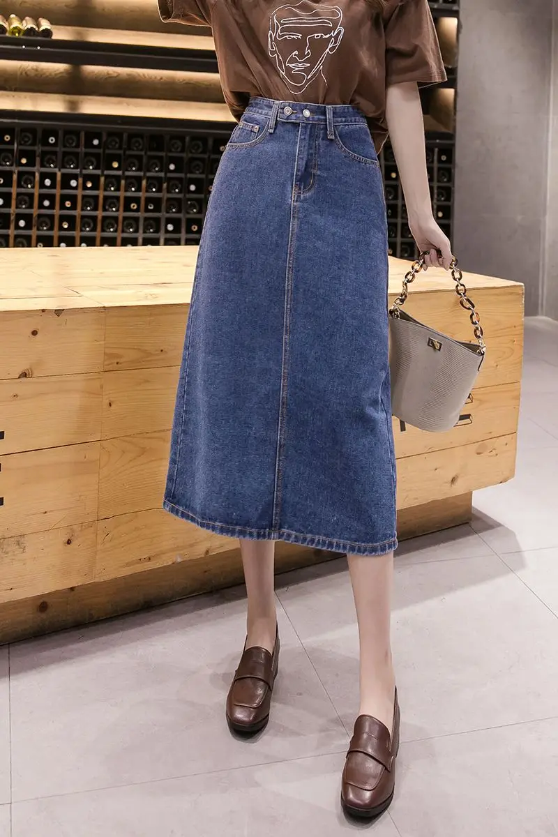

COIGARSAM 4XL Plus Size Fashion Loose Women Skirt New Spring High Waist Skirts Blue 5820