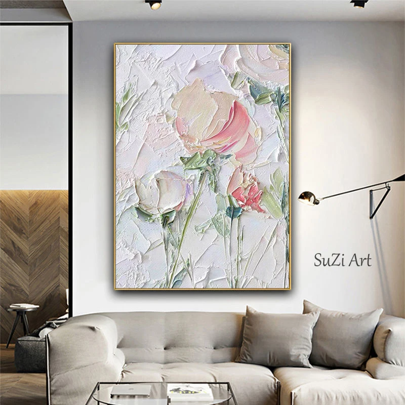 

Palette Knife Pure Handmade 3D Thick Flower Oil Painting Modern Textured Canvas Wall Art Pictures Home Living Room Decoration