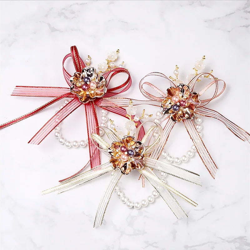 

Wedding Bridal Wrist Corsage Stain Silk Rose with Pearl Accessories Bridesmaid Girls Bracelet Pearl DIY Wrist Flower Artificial