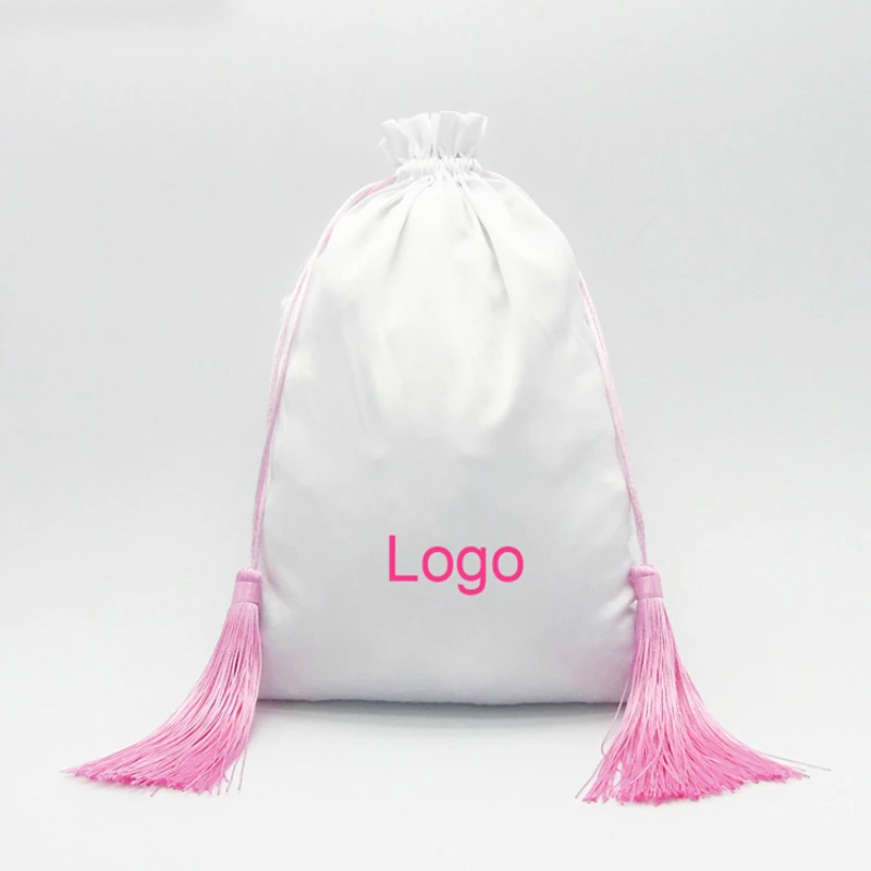 

50PCS Custom Logo Print Satin Pouch Jewelry Hair Packaging Silk Drawstring Bags Cosmetic Wedding Party Gift Bag with Tassel
