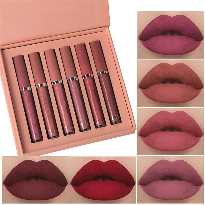 6 Colors/Set Fashion Lip Gloss Sets Natural Moisturize Waterproof Velvet Liquid Lipstick Gift Box Exquisite Lip Makeup