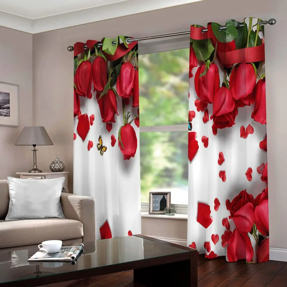 3D Red Rose Cortinas Romantic petal Curtains For Wedding Room Red Bedroom Curtain Window Blinds