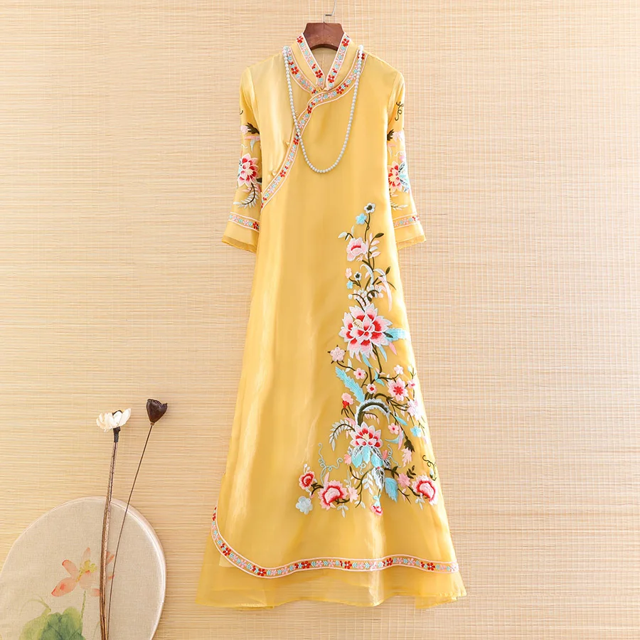 Женское платье Ципао из органзы элегантное ТРАПЕЦИЕВИДНОЕ вечернее с вышивкой и