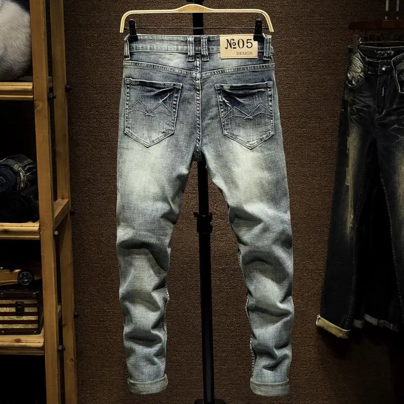 

New Arrivals Men's Jeans Elastic Embroidery Jeans Men's Ripped Biker Denim Pants