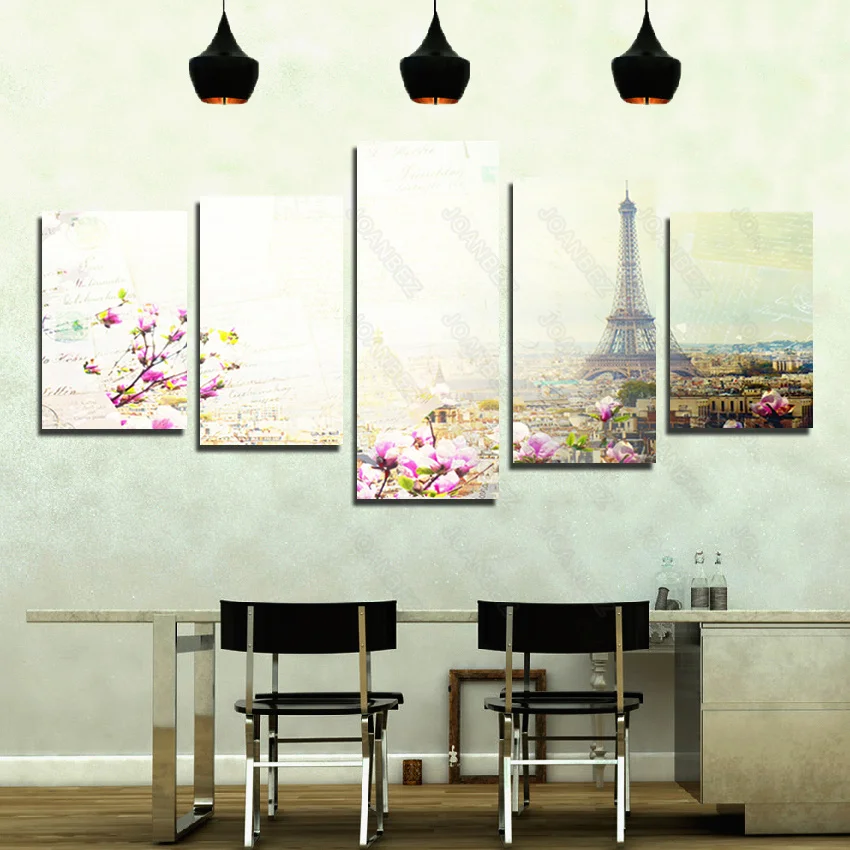 

European Style Canvas Material Decorative Painting Daytime City Eiffel Tower and Peach Blossom Branch Landscape Design