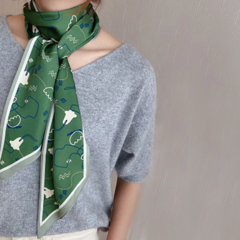 

Spring Small Scarf Thin Narrow Strip Female Ins Wind Elegant Double-Layer Tied Hair Turban French Tied Bag Ladies Printed E17