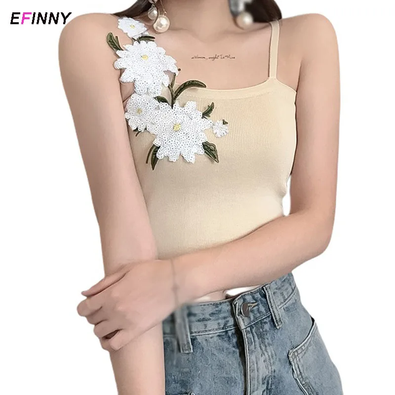 

Summer Crop Top Knited Women's Sexy Tops Vest Three-Dimensional Flower Kawaii Women Suspender Top Ladies Sleeveless Camis Tanks