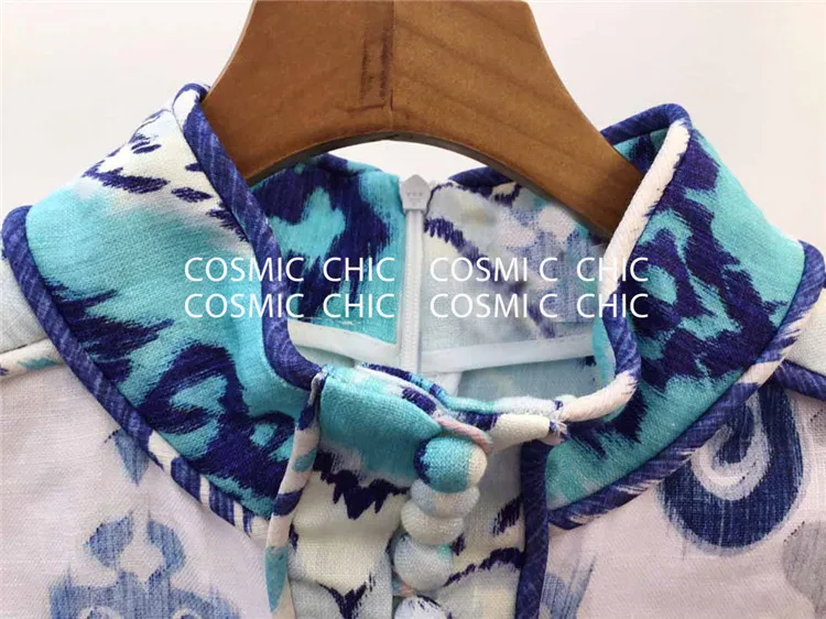 Cosmicchic фонарь с длинным рукавом Бохо льняное короткое платье со стоячим воротником принт рюшами Русалка мини сексуальное винтажное подиумное вечернее платье