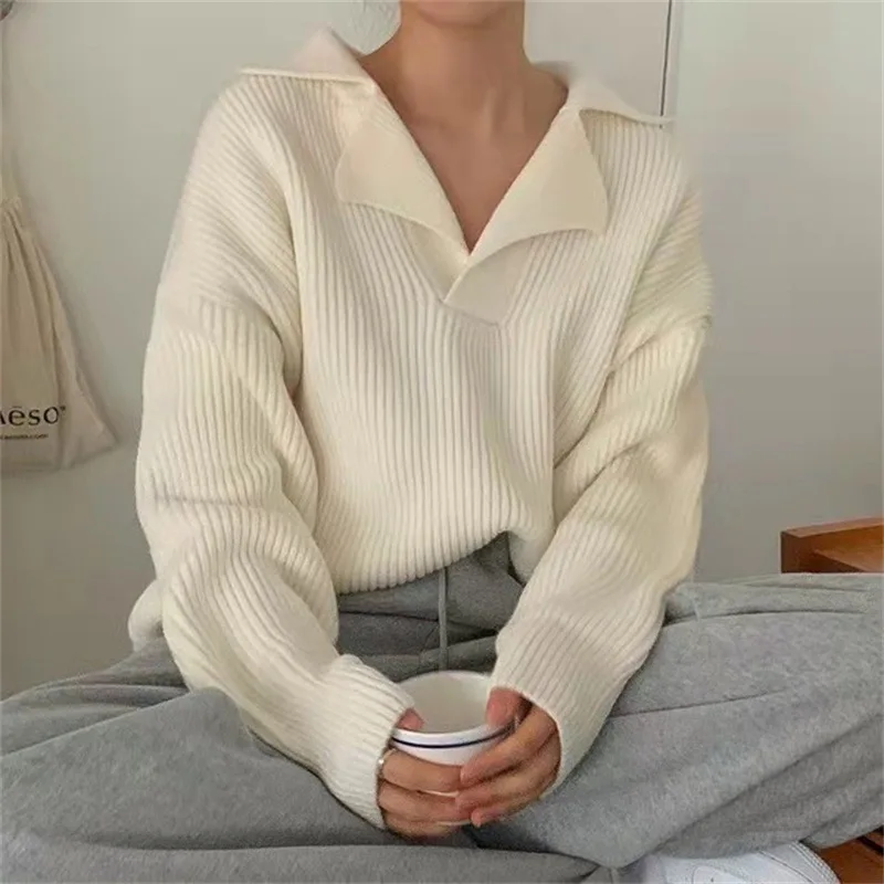 

Notched Autumn Knitted Sweater Women Loose Long Sleeve Jumpers Korean Striped Pullovers Vintage Harajuku Elegant M155