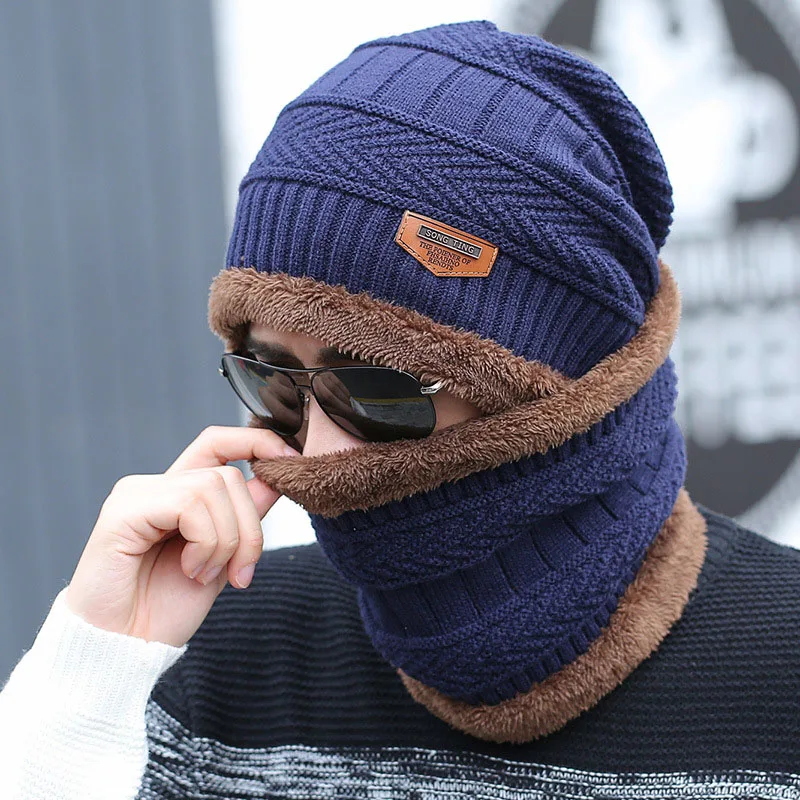 

Unisex Fashion Autumn Winter Beanies Wool Fleece Scarf Hats Men Outdoor Riding Plus Velvet Warm Knitted Hat Women Cold-proof Cap