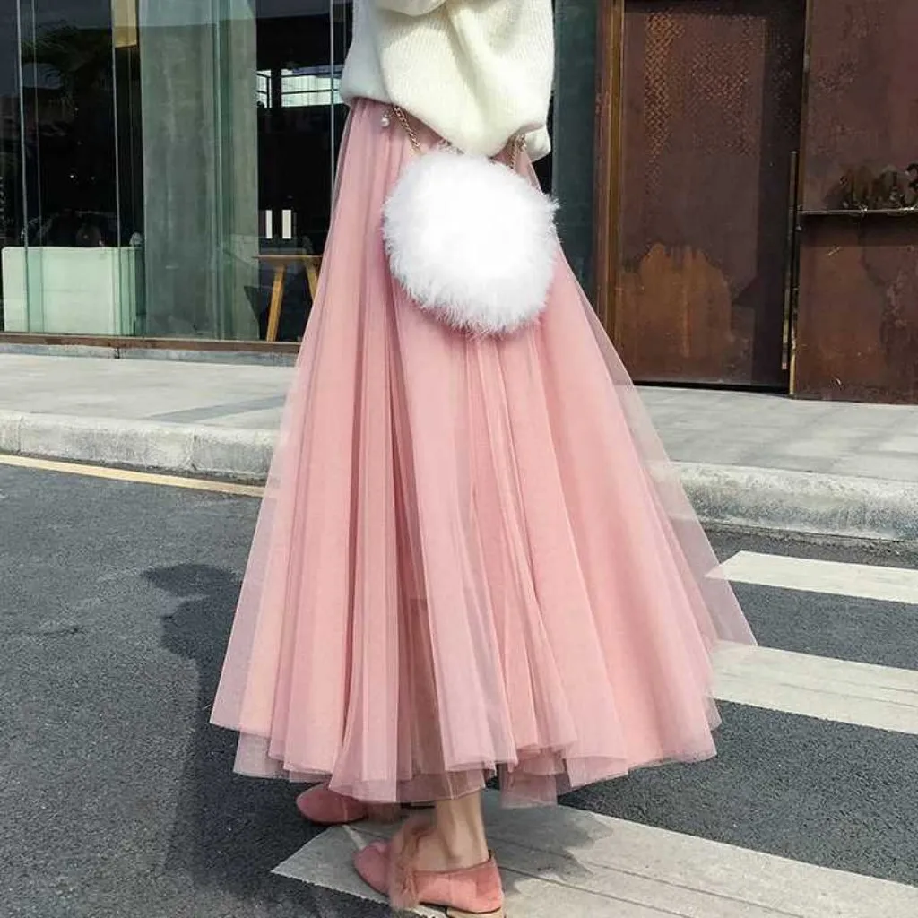 

88 cm Length 3-layer Mesh Inner Lining] Tulle Skirt Female Middle Length Pleated Skirt MB027