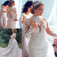 vintage african mermaid wedding dresses detachable train high neck lace bridal dress long sleeves plus size
