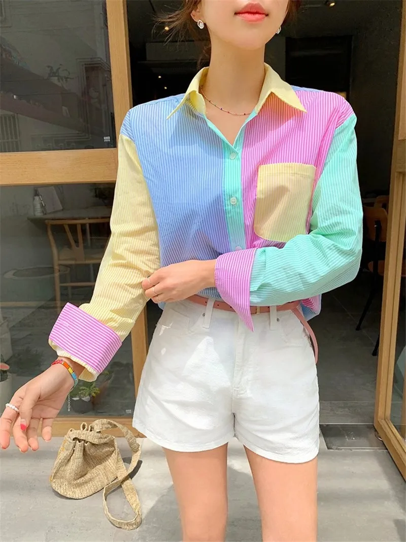 

Новое поступление 2020 Шикарные Модные Красочные Лоскутные однобортные элегантные модные популярные летние топы с отложным воротником для д...