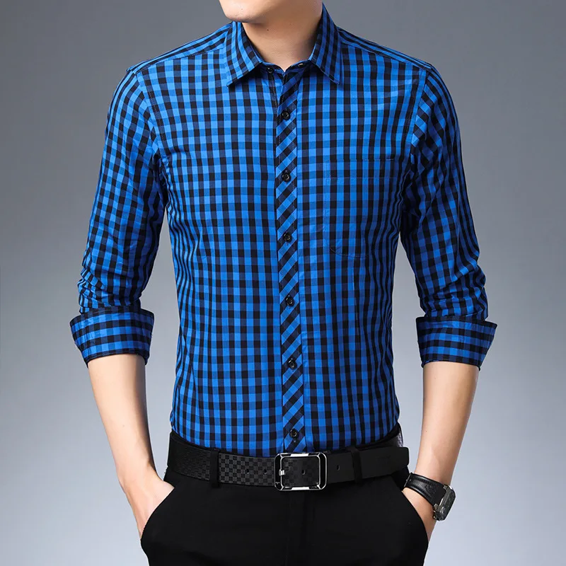 

Shirt Men Cotton Plaid Long Sleeve Shirts Fashion Long Sleeve Turn-down Collar Casual Plaid Tops Japanese Streetwear 2020