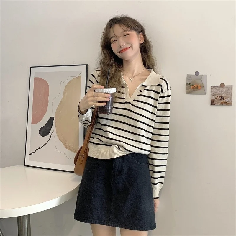 

Женская рубашка-поло в полоску, с V-образным вырезом и длинными рукавами