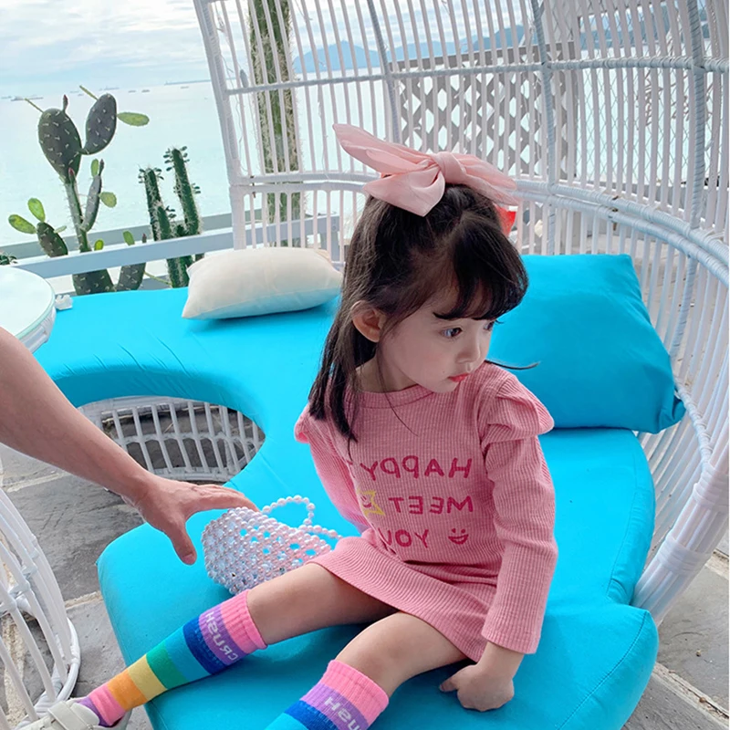 

Girls Casual Straight Dresses 2021 Korean Spring Kids Girl Letter Print Vestidos Long Sleeve Children Striped Costumes 3-7Y