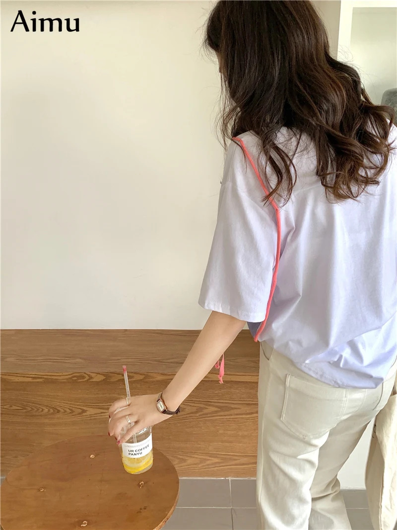 

korean Kawaii Short Sleeve T-shirt for Women Casual loose Patchwork Tops Female Tee shirt Summer cotton girl T-shirts white top