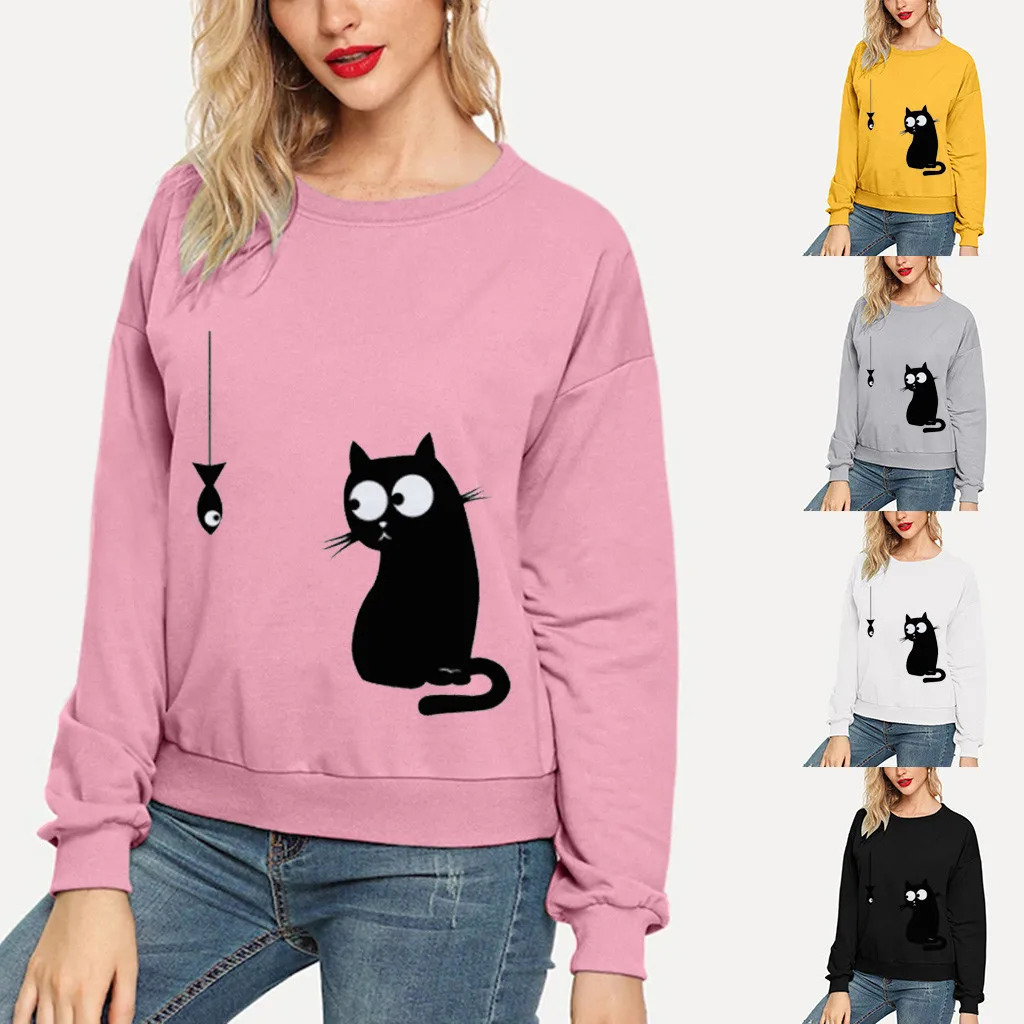 FREE OSTRICH Sweater Women Love Cat Print Top O-Neck Large Size Long Sleeve Autumn Winter Woman Sweaters Pullovers | Женская одежда