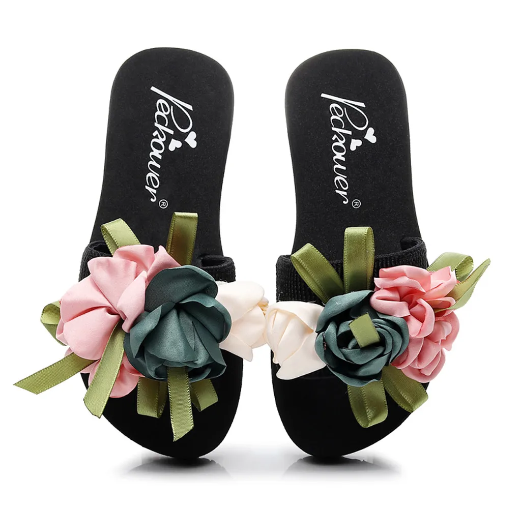 Шлепанцы SAGACE женские с цветами летняя пляжная обувь на танкетке открытый носок