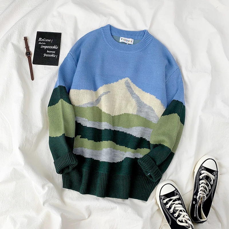 Осень и зима 2019 корейский стиль рисунок гор свитер женский свободный круглый