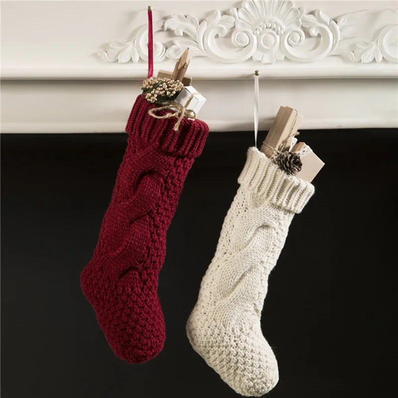

Носки рождественские вязаные чулки Декор праздничный подарок пакет камин Рождественская елка подвесные украшения Декор Красный Белый Рождественский носок