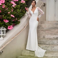 charming wedding dresses jersey pleat lace pleat v neck full sleeve backless mermaid bridal gowns novia do 2021 new