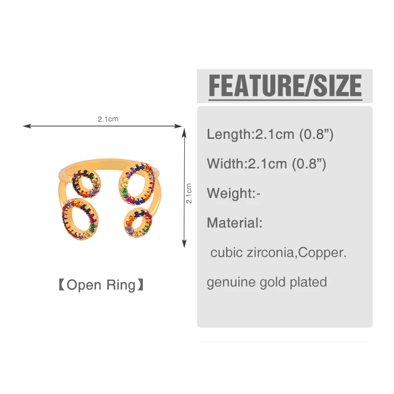 Женское кольцо с радугой FLOLA регулируемое разноцветное цирконием Золотое
