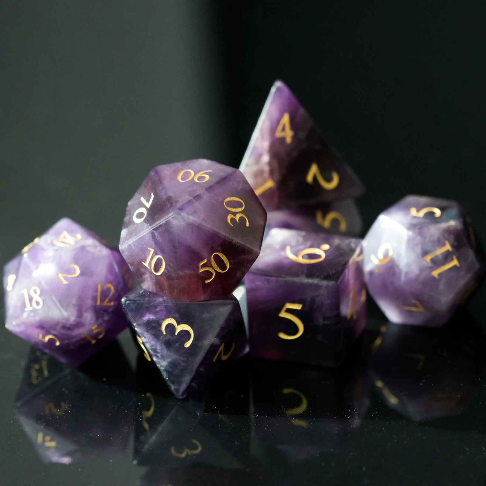 Cusdie Set of 7 Handmade Amethyst Dice, 16mm Polyhedral Stone Dice Set with Leather Box, D&D Dices for Collection