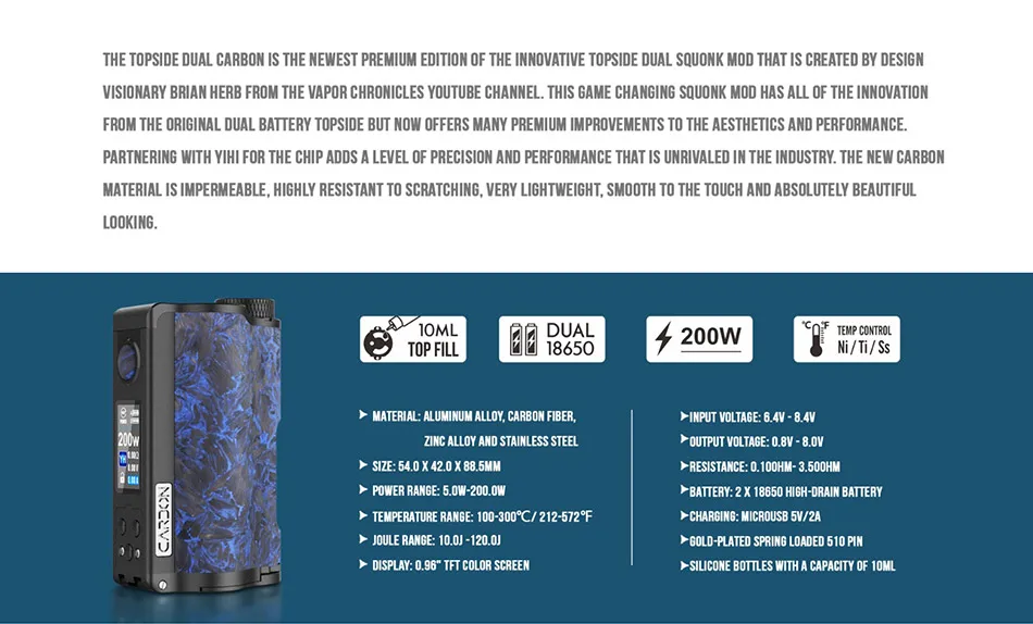 Электронная сигарета DOVPO Topside Dual 200 Вт Vape Mod Top Fill TC Squonk 10 мл Питание от двойной батареи 18650 испаритель VS Drag 2