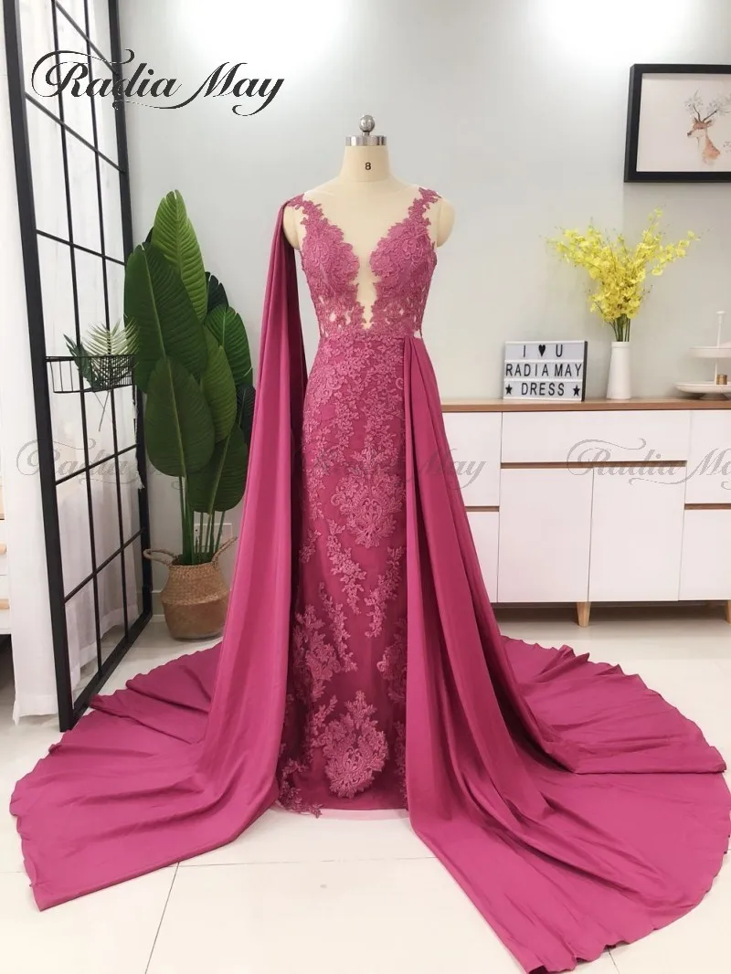 Fuchsia Элегантное Длинное Красное Кружевное Вечернее платье русалки с накидкой ярко-розового цвета, вечерние платья для выпускного вечера в Дубае размера плюс, вечерние платья для женщин в африканском стиле - Цвет: Fuchsia