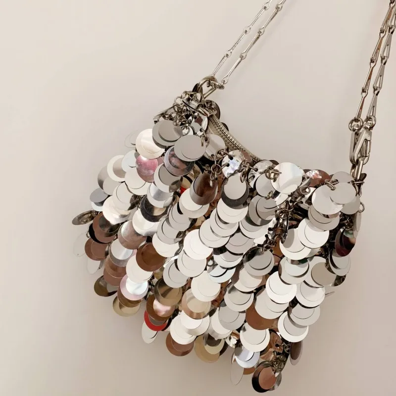 

New Women Party Bling Handmade Paillette Silver Crossbody Bag Runway Designer Sequins Flaps Chain Shoulder Bags Bolsa Feminina