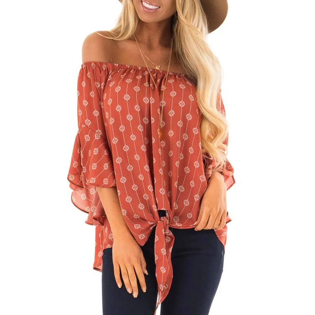 Womens Off Shoulder Top Retro Print Three Quarter Sleeve Tops And Blouses Summer VogueTunic Shirt Tie Blusas Femininas |