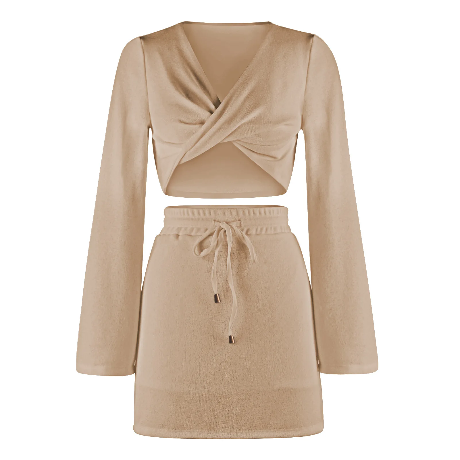 

Sexy Two Piece Set Women Outfits 2021 Fashion Flare Sleeve Drawstring Crop Top and Skirt Set Women Summer Casual Skirts Sets XL