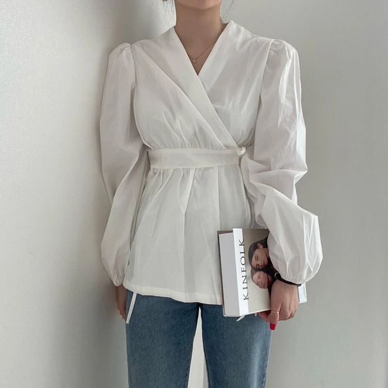 

ONALIPPA Solid Shirt Women Korea Chic Autumn French Style Thin V-neck Cross Design Lace-up Waist One-piece Puff Sleeve Blouse
