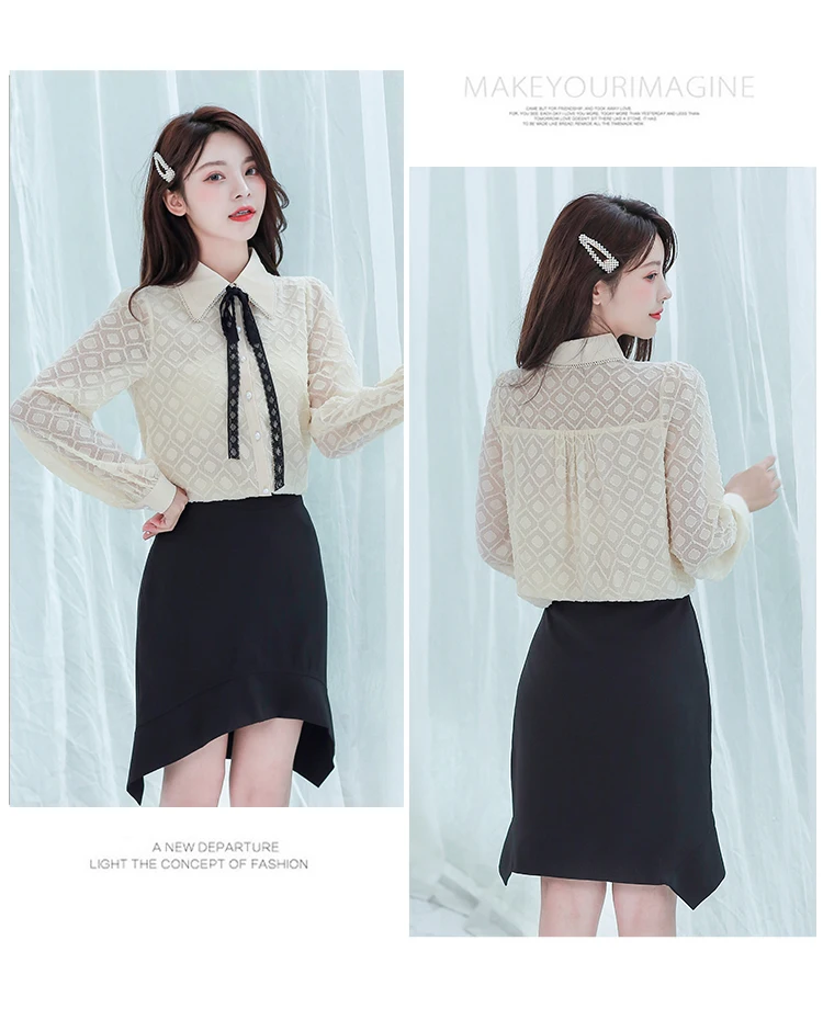 

Houthion Chiffon Women's Blouses Solid Shirt Casual Long Sleeve Top Loose Summer Fashion Blouse Lace Office Lady Regular