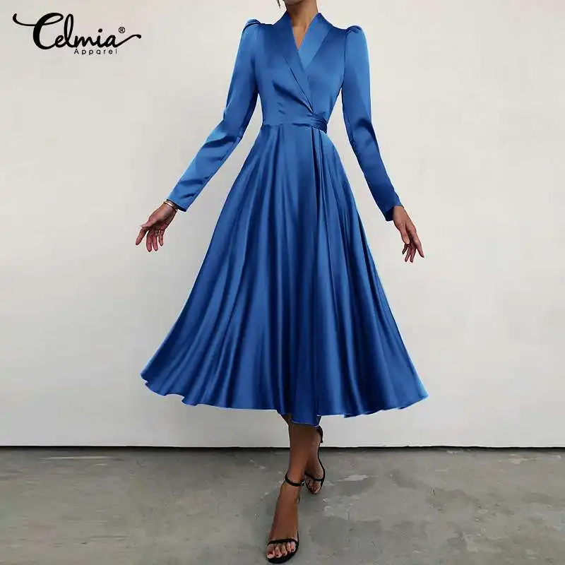 

Celmia Dresss Elegant Women Party Dress Fashion Suit Collar Puff Sleeve High Waist Midi Vestidos With Bandage Solid Satin Dress