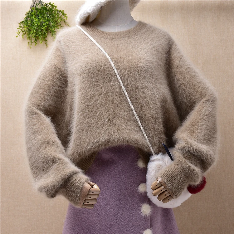 

top mujer female women hairy fluffy mink cashmere knitted long batwing sleeve loose plus size pullover angora fur jumper sweater