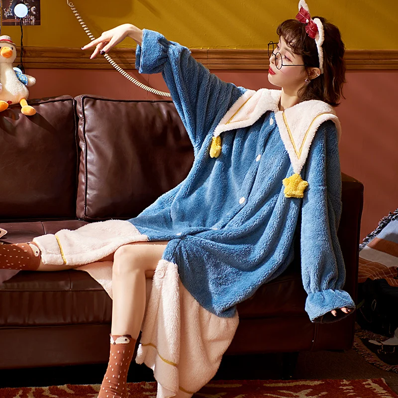 

Spring / Autumn Sleepwear for Women Mid-Calf Night Dress Flannel Women's Pajamas Home Clothes