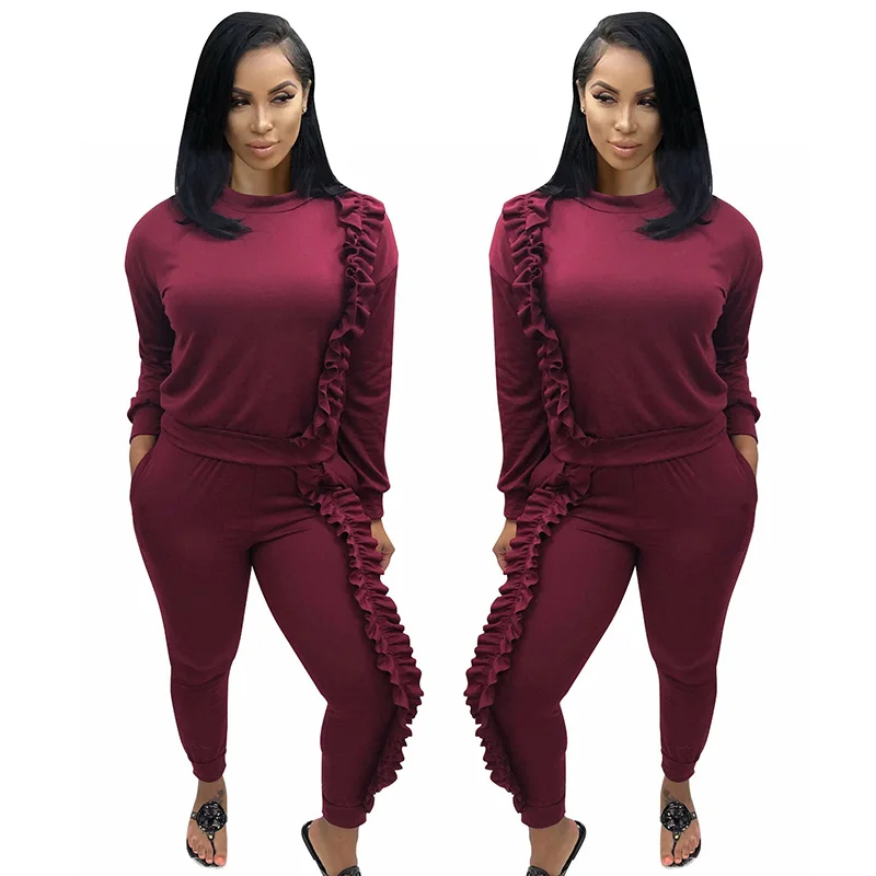 Echoine 2019 New Autumn Ruffle Casual Two Pieces Set Sportwear Suit O-Neck Long Sleeve Womens Tracksuit Solid 3 Color |