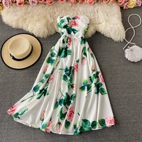 summer holiday sexy off shoulder dress womens elegant strapless high waist rose floral print ruched party dress vestidos m7316
