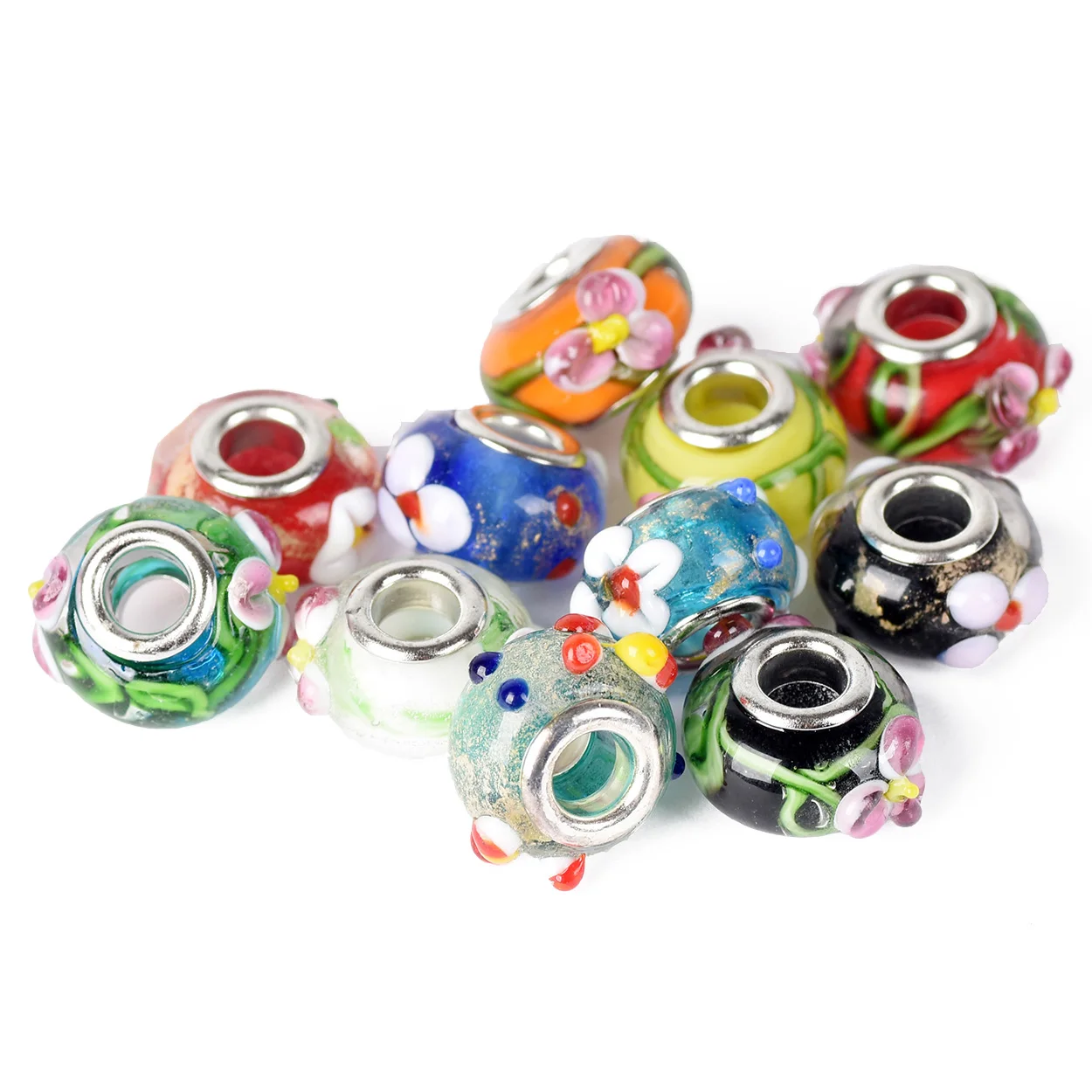 5pcs 15x9mm Round European Flower Charms Murano Lampwork Glass Big Hole Beads for Jewelry Making Bracelet DIY 1#~43#