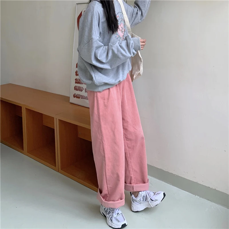 

Fashion Women Corduroy Warm Long Soft Wide Leg Pants Casual High Waist Loose Autumn Chic 2020 Hot Trousers