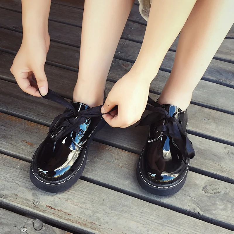 Японские Ретро туфли на плоской подошве с круглым носком маленькие кожаные