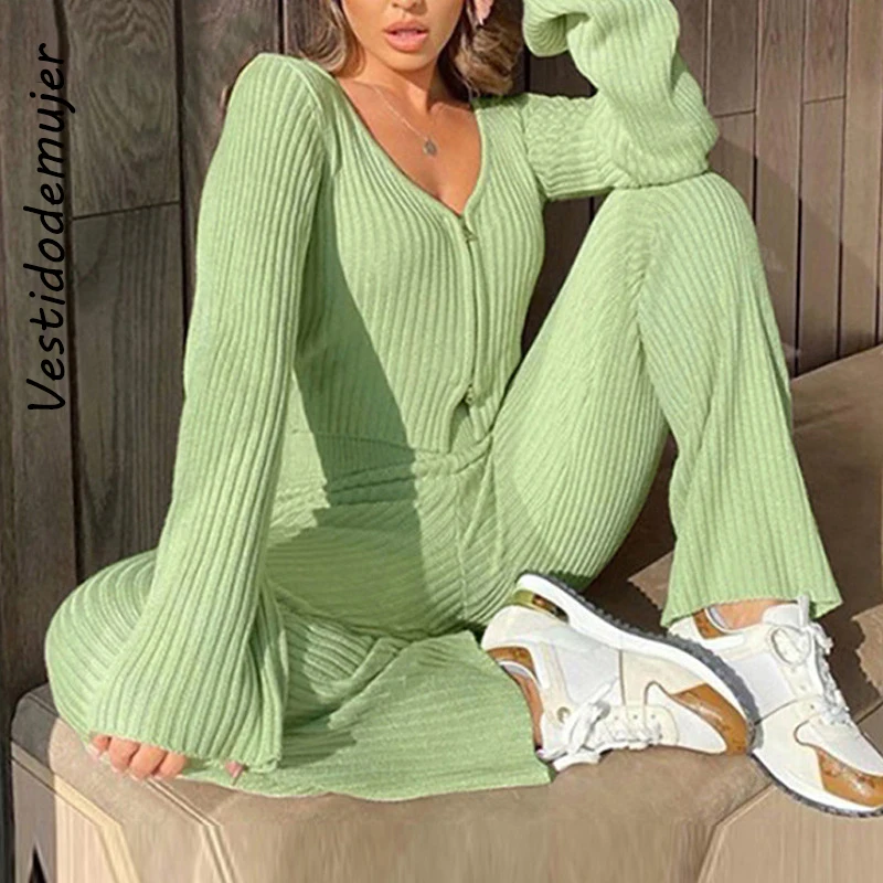 

Fashion Ribbed Knit Solid Casual Ziper Women's Sets 2021 Winter Autumn Long Sleeve Sporty Top and Pants 2 Piece Knitted Outfits