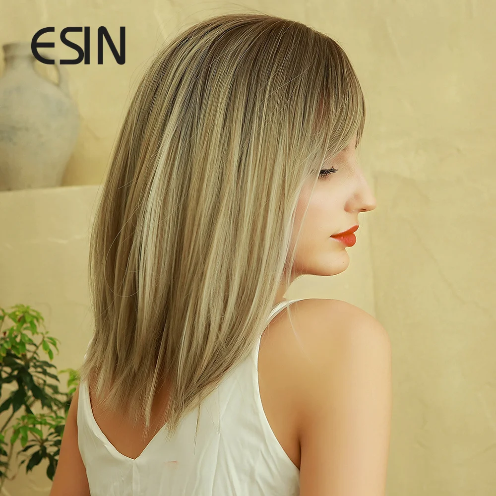 ESIN серый золотой средней длины прямой парик с челкой INS косплей натуральные