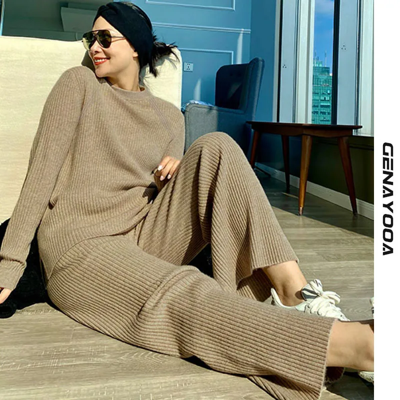 

Genayooa Knitted Tracksuit Women High Waist Knit Wide Leg Pants Women Suit 2 Piece Set Women Autumn Winter 2021 Two Piece Set