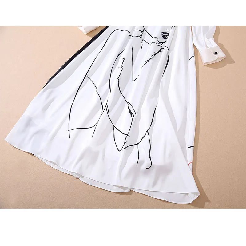 

SEQINYY White Shirt Dress Summer Spring New Fashion Design Women Runway Stick Figure Print Black Belt Loose Casual