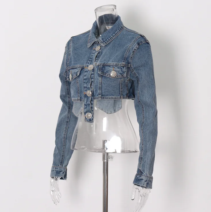 

New style in stock high waist hollow out mini jeans jacket fashion denim coat
