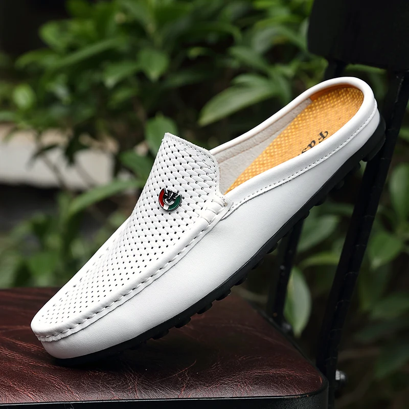 

Half Shoes For Men Casual Shoes Summer Slippers Big Size 38-46 Man Loafers Leather Moccasins Mens Driving Shoes Slippers White